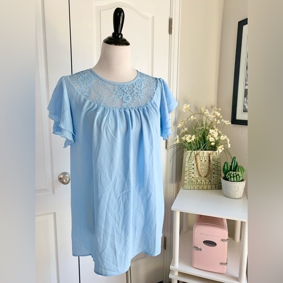 Suzanne Betro Lace Yoke Double Ruffle Sleeve Tunic Too - Picture 2 of 14